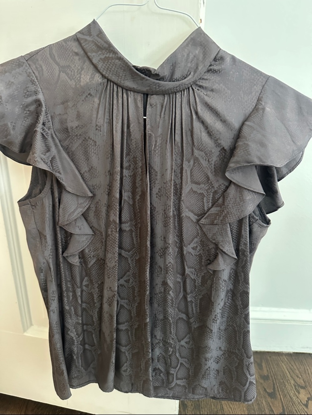 Rebecca Taylor Sleek Slate Python-Print Ruffle Sleeve Blouse. 52% silk